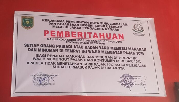 Pajak 10 Persen Untuk Pembeli Di Sejumlah Restoran Subulussalam