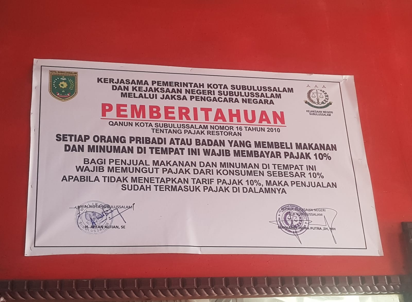 Pajak 10 Persen Untuk Pembeli Di Sejumlah Restoran Subulussalam