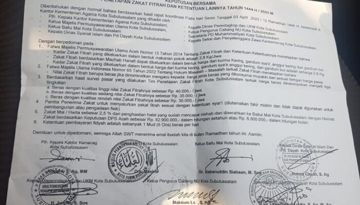 Ketentuan Zakat Fitrah Di Subulussalam Disepakati