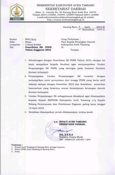 Surat Keputusan Bupati Aceh Tamiang terkait penerbitan SK PDPK Tahun Anggaran 2023. Waspada/Ist