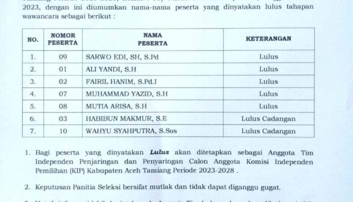 Tim Pansel KIP Aceh Tamiang Diumumkan