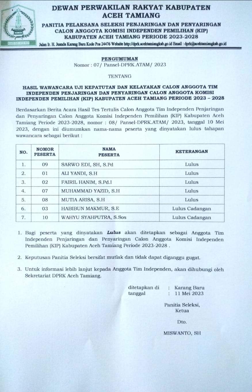 Tim Pansel KIP Aceh Tamiang Diumumkan