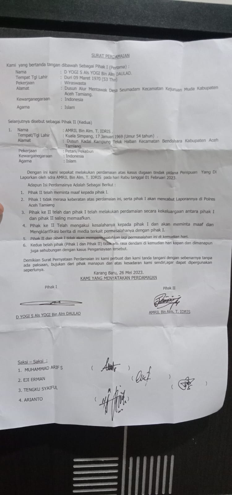 Dugaan Pencemaran Nama Baik Ketua KTNA Aceh Tamiang Berujung Damai