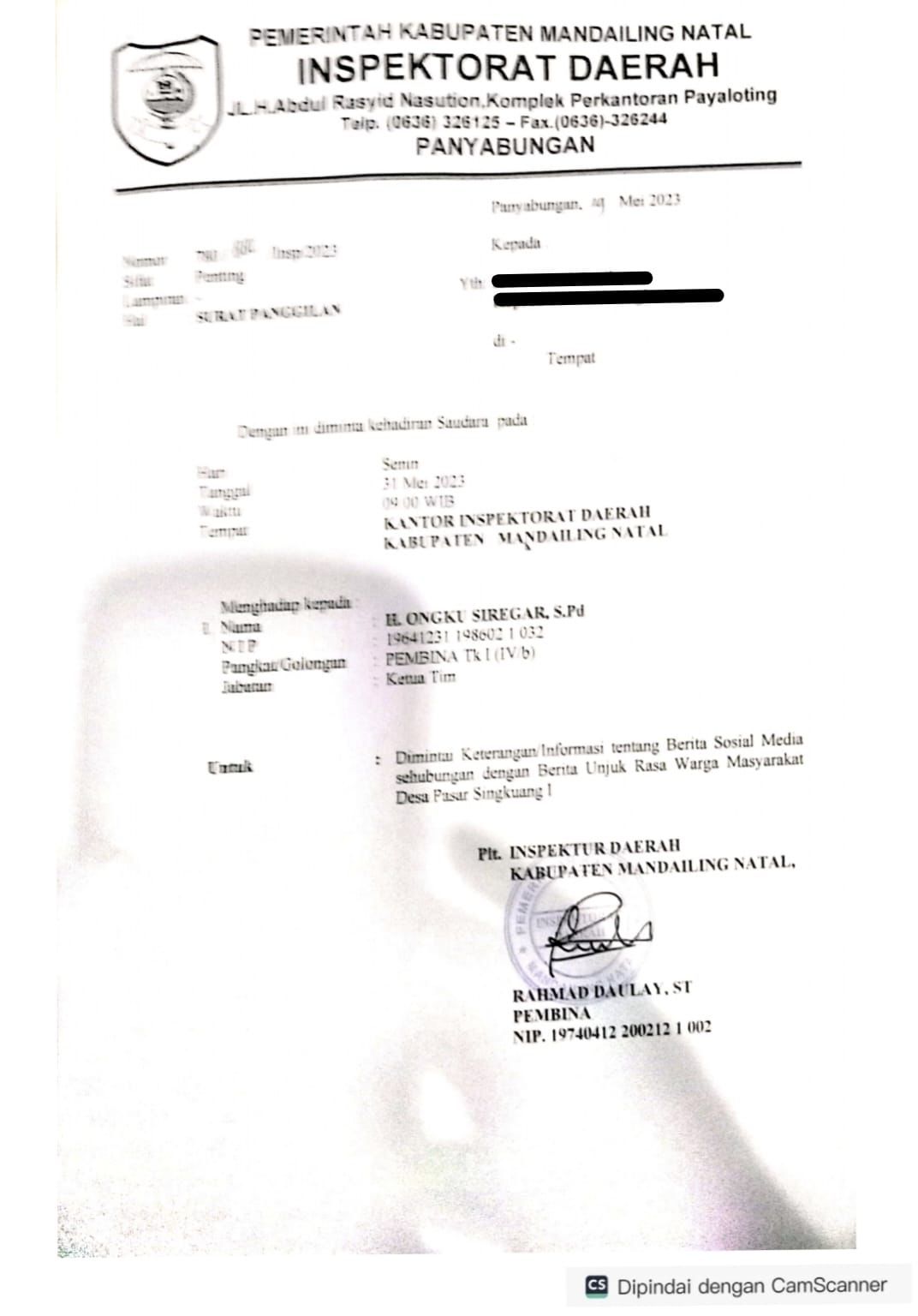 Inspektorat Panggil ASN Terkait Aksi Singkuang 1