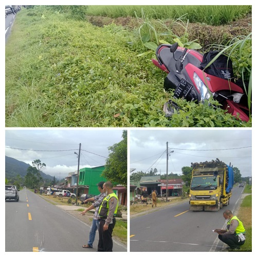 Satlantas Polres Toba melakukan olah TKP tabrakan di Jalinsum Lumbanlobu, Selasa (9/5). Waspada/Ist