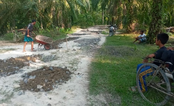 TAMPAK warga diberdayakan memperbaiki jalan Desa Jatimulia Kecamatan Nibunghangus, Kabupaten Batubara melalui anggaran desa tahun 2023.Waspada/Iwan Has