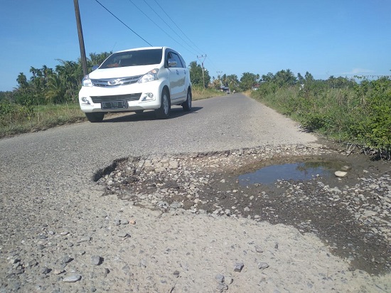 Jalan Nasional Blangara-Blangbayu Kecamatan Seunagan Timur berlubang dan sudah menganga, jalan tersebut satu-satunya yang menghubungkan ke Beutong, Jumat (12/5). Waspada/Muji Burrahman