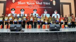 SUASANA halalbihalal silaturahmi Idulfitri 1444 Hijriah tahun 2023 bupati dan wali kota di Sumut khususnya yang tergabung di APKASI dan APEKSI. Waspada/Iwan Has