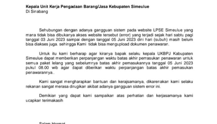 Dampak LPSE Simeulue Eror, CV Al-Insyirah Minta Penambahan Waktu