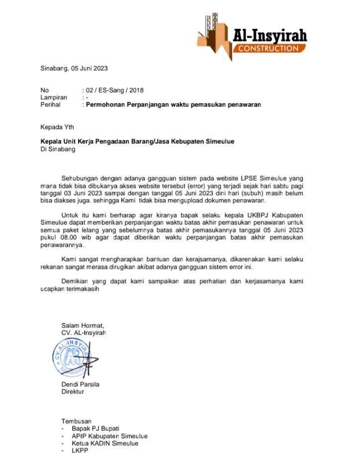 Dampak LPSE Simeulue Eror, CV Al-Insyirah Minta Penambahan Waktu
