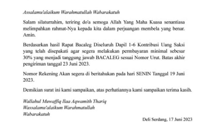 Beredar Surat PKB Deli Serdang Minta Uang Saksi Kepada Bacaleg