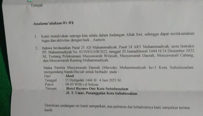 Besok Warga Muhammadiyah Kota Subulussalam Menggelar Musda Ketiga