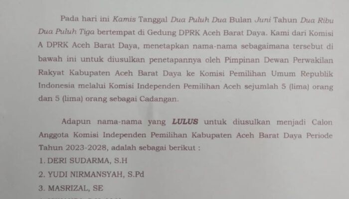DPRK Umumkan 5 Calon Komisioner KIP Abdya