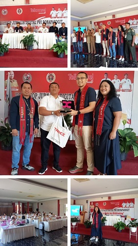 Kolase pelaksanaan workshop jurnalis digital PWI Bonapasogit bekerjasama dengan Telkomsel di Hotel GNB Muara, Tapanuli Utara selama dua hari, Selasa-Rabu (20-21/6). Waspada/Ramsiana Gultom