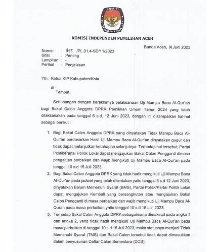 Edaran KIP Aceh, terkait bacaleg yang gugur karena mangkir atau absen tes uji mampu baca Alquran, dapat kesempatan kedua untuk mengikuti kembali. Kamis (15/6).Waspada/Syafrizal
