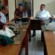 Pengurus PWI Perwakilan Kota Pematangsiantar pimpinan Surati (empat kanan) berkordinasi dengan Ketua PWI Sumut Farianda Putra Sinik (lima kanan) tentang pelaksanaan UKW di kantor PWI Sumut, Kota Medan, Sabtu (10/6).(Waspada-ist).