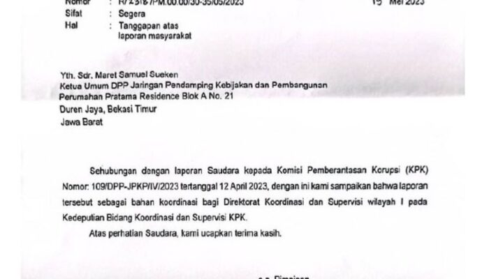Soal Lahan Di Desa Sena, Relawan JPKP Terima Surat Balasan Dari KPK