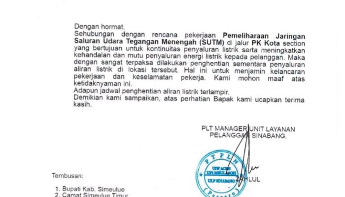 PLN Simeulue Kembali Lakukan Pemadaman