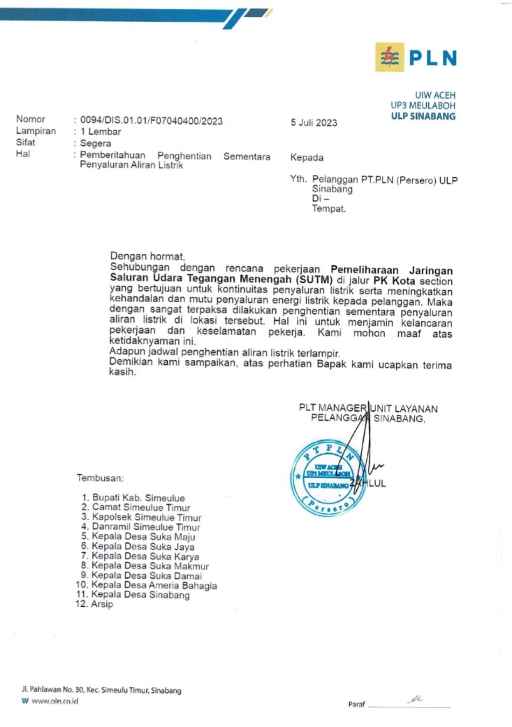 PLN Simeulue Kembali Lakukan Pemadaman