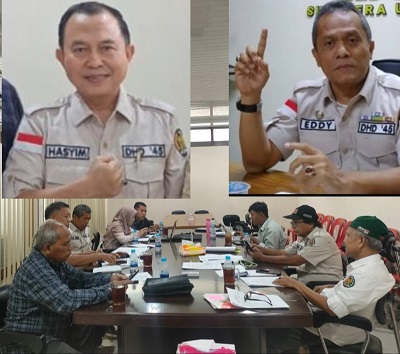 KETUA Umum DHD 45 Sumut Mayjen TNI (Purn) M Hasyim,Sekum H.Eddy Syofian MAP dan panitia kegiatan. Waspada/ist