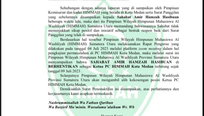 PW HIMMAH SUMUT: Ketua PC HIMMAH Kota Medan Diberhentikan dari Jabatan