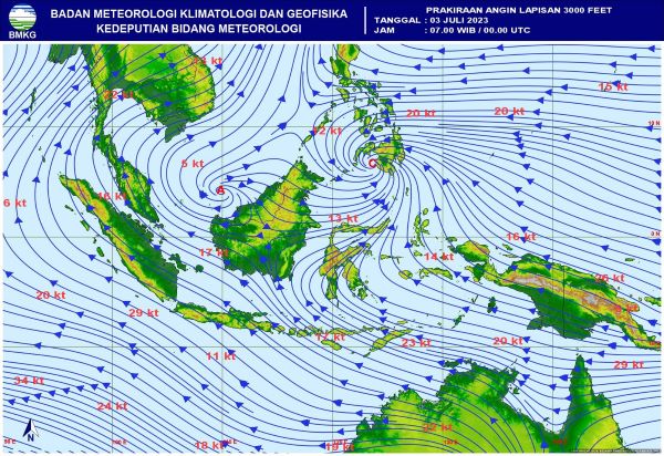 Peta arah angin yang dikeluarkan BMKG. (Waspada/ist.)