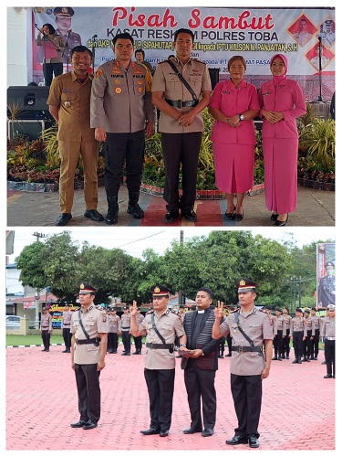 Kolase serahterima Kasat Reskrim Polres Toba dan sambutan Kapolsek Balige, Selasa (11/7). Waspada/Ramsiana Gultom