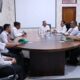 Bupati Toba, Poltak Sitorus menerima Kepala Badan Pusat Statistik (BPS) Kabupaten Toba, Drs. Whenlis Purba M.Si bersama sejumlah stafnya di ruang kerjanya, Rabu (12/7). Waspada/Ist
