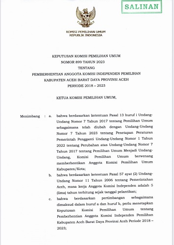 SK KPU RI, tentang pemberhentian Komisioner KIP Abdya Periode 2018-2023.