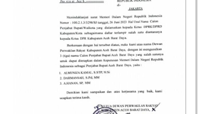 DPRK Abdya Usulkan 3 Nama Calon Pj Bupati