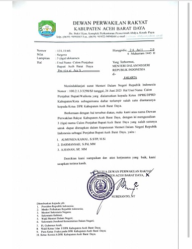 Surat usulan calon Pj Bupati Abdya dari DPRK, ke Kemendagri. Kamis (27/7).Waspada/Syafrizal