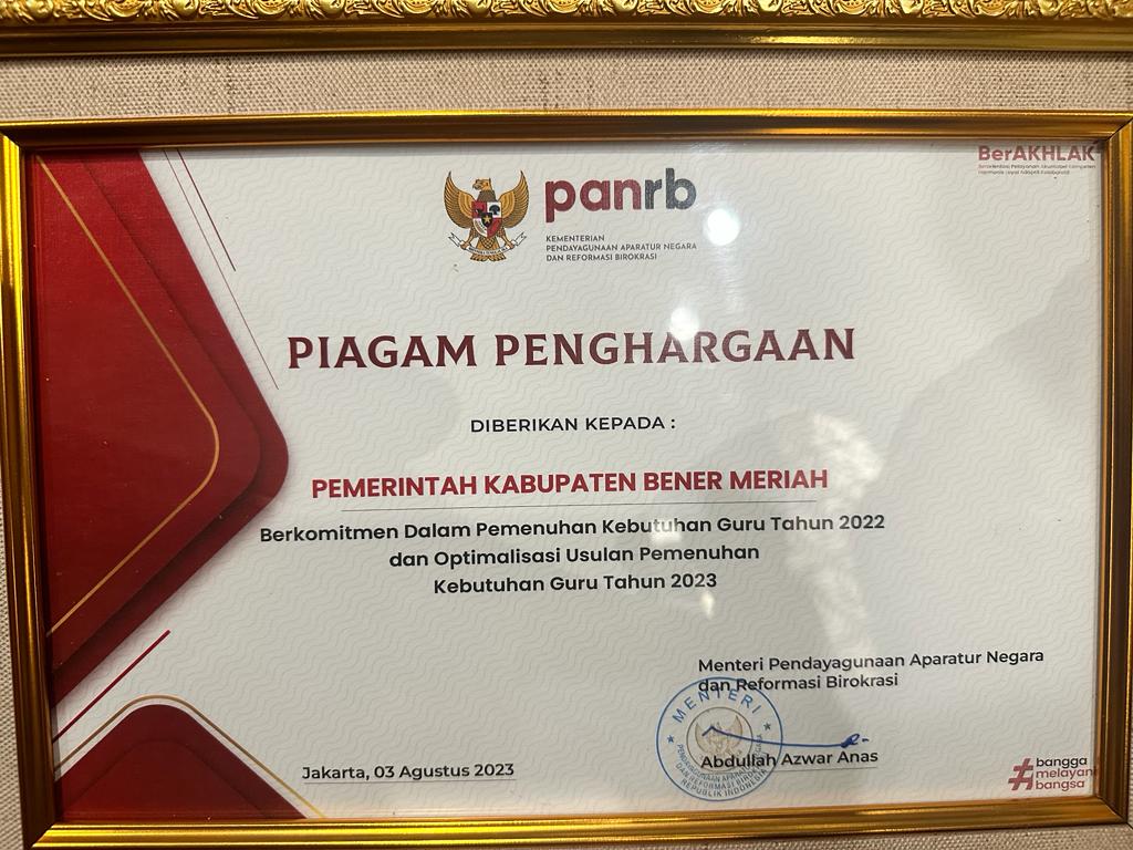 Di Indonesia, Hanya Bener Meriah Terima Penghargaan Pemenuhan Kebutuhan Guru