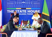 Presiden Republik Indonesia, Joko Widodo (belakang-kiri) dan Presiden Tanzania, Samia Suluhu Hassan (belakang-kanan) menyaksikan penandatanganan Memorandum of Understanding antara Direktur Utama PLN, Darmawan Prasodjo (depan-kiri) dan Managing Director TANESCO, Maharage A Chande (depan-kanan) tentang kerja sama dan pendampingan di sub-sektor ketenagalistrikan di Dar Es Salaam, Tanzania pada Selasa (22/8).