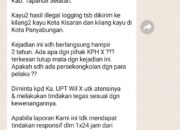 Foto tangkap layar pesan laporan praktik illegal logging yang dikirimkan ke banyak pihak. (Waspada/Ist)