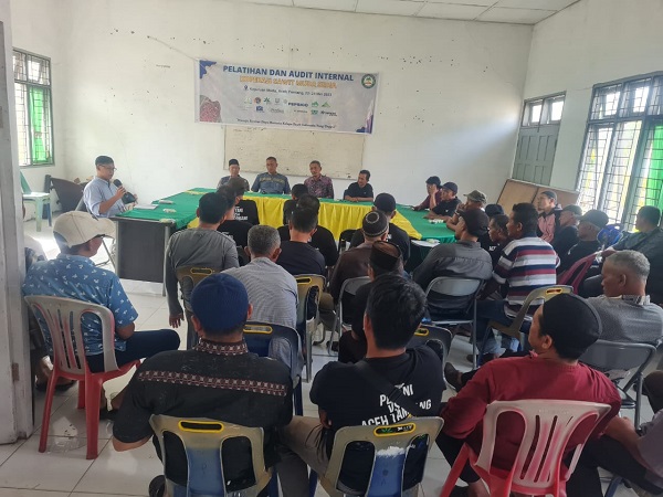 Kegiatan pelatihan dan audit internal untuk sertifikasi ISPO dan RSPO bagi petani kelapa sawit Aceh Tamiang yang dilaksanakan Pusat Unggulan Perkebunan Lestari (PUPL). Waspada/Yusri