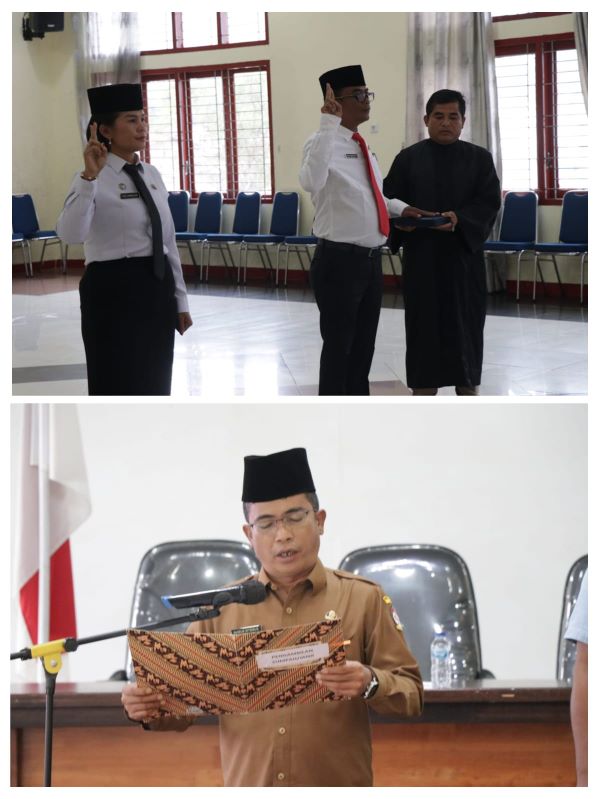 Sekretaris Daerah Kabupaten Toba, Augus Sitorus melantik dua pejabat administrator di ruang balai data kantor Bupati Toba, Jumat (1/8). Waspada/Ist