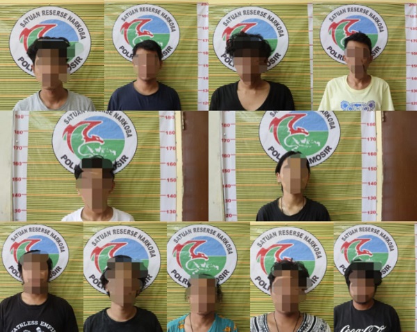 11 TERSANGKA terduga pemakai narkoba jenis ganja yang diringkus Polres Samosir. Foto : Waspada/Ist