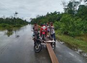 Jalan Terhalang Banjir, Polisi Bantu Warga Seberangkan Sepeda Motor