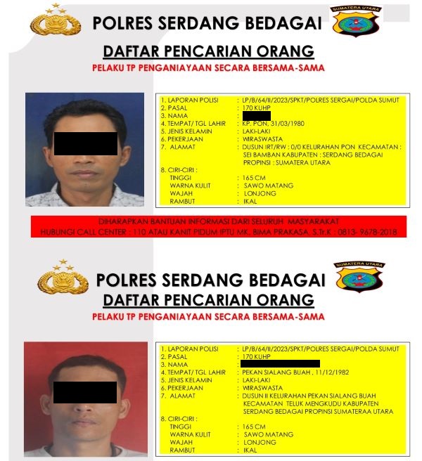 Polres Sergai rilis dua DPO kasus penganiayaan. Waspada/ist