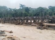 Jembatan hanyut diterjang banjir bandang. Pemkab Langkat sedang bahas biaya perbaikan. (Waspada/Ria Hamdani)