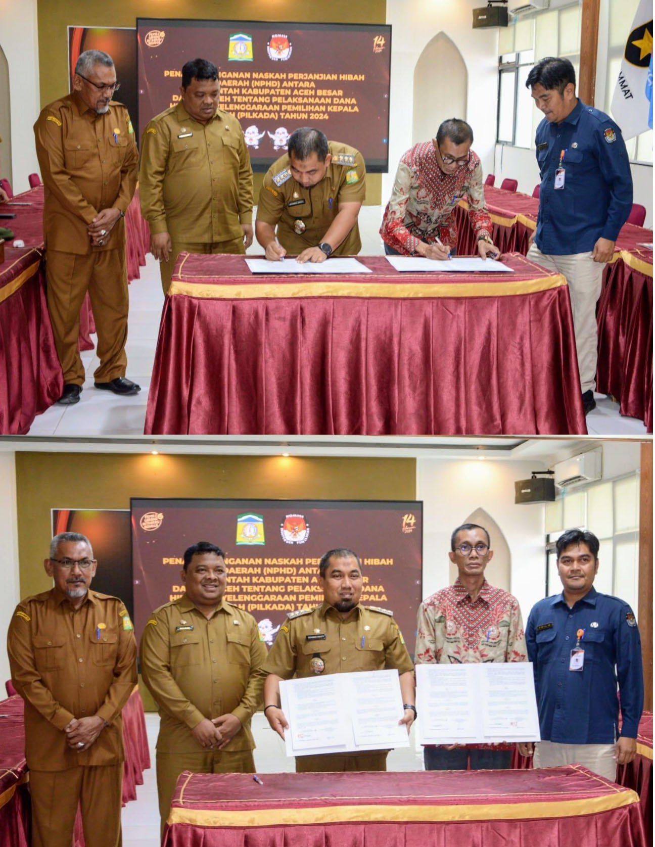 Pj Bupati Aceh Besar, Muhammad Iswanto didampingi Sekdakab Sulaimi bersama Ketua KIP Aceh, Saiful, SE melakukan penandatanganan Naskah Perjanjian Hibah Daerah (NPHD) antara Pemerintah Kabupaten Aceh Besar Dan KIP Aceh tentang Pelaksanaan Dana Hibah Penyelenggaraan Pilkada Tahun 2024 di Aula Kantor KIP Aceh, Banda Aceh, Selasa (21/11). (Waspada/Ist)