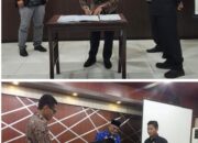 Pj Wali Kota Langsa Syaridin, saat penandatangan naskah perjanjian hibah daerah (NPHD) Pemko Langsa dengan Ketua KIP Kota Langsa, Ridwan ST, dana hibah Pilkada Wali Kota dan Wakil Wali Kota Langsa 2024, di Aula Sekdakot Langsa, Sabtu (25/11) petang. Waspada/Rapian