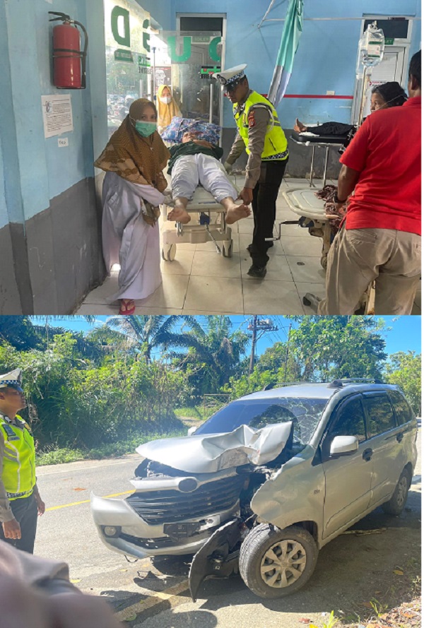 ATAS: Personel Satlantas Polres Nagan Raya membawa korban ke rumah Sakit di Darul Makmur. BAWAH: Minibus Toyota Avanza ringsek berat, Senin (27/11).(Waspada/Muji Burrahman)