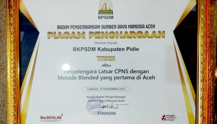 BKPSDM Pidie Raih Penghargaan Terbaik BPSDM Provinsi Aceh