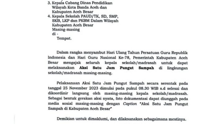 Sambut Hari Guru, Pj Bupati Aceh Besar Ajak Murid Pungut Sampah