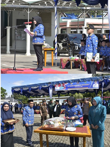 Amanat Bupati Madina HM Jafar Sukhairi Nasution disampaikan Wabup Madina Atika Azmi Utammi Nasution pada upacara HUT ke-52 Korpri di halaman Masjid Agung Nur Ala Nur, Panyabungan, Rabu (29/11). Waspada/Ist