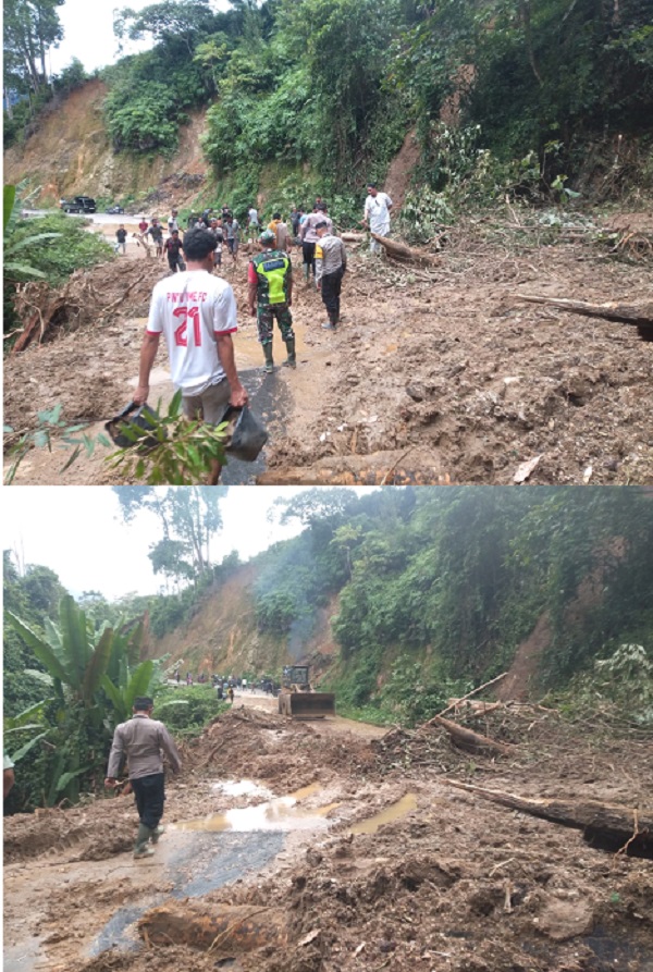 Tanah longsor menutupi badan jalan lintas provinsi di Leles, Serbajadi, Aceh Timur, Selasa (28/11). Waspada/Ist.