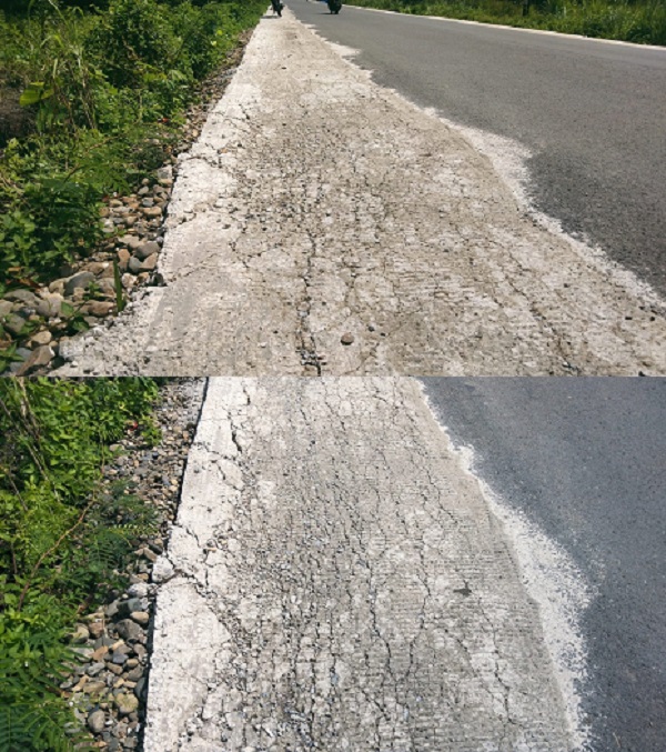 Beberapa titik proyek peningkatan jalan provinsi di wilayah Padanglawas terlihat retak, terkesan asal jadi dan kurang pengawasan. (Waspada/H. Idaham Butar Butar)