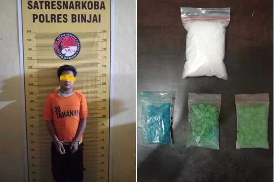Terduga DS pengedar Narkoba kini diamankan di Sat Narkoba Polres Binjai bersama barang bukti untuk mempertanggung jawabkan perbuatannya. (Waspada/Ist).
