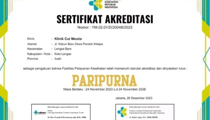 Klinik Cut Meutia Raih Akreditasi Paripurna